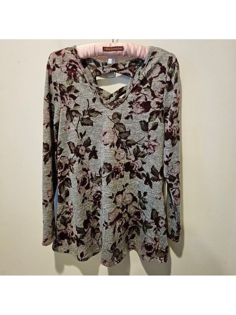 IZ BYER WOMEN'S GREY PULLOVER TUNIC TOP BURGANDY & GREEN FLORAL SIZE SMALL